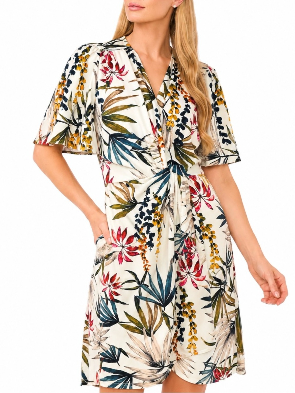 NWT Zara Floral Wrap Dress L Botanical Tropical Print Midi Knee Length Cottage